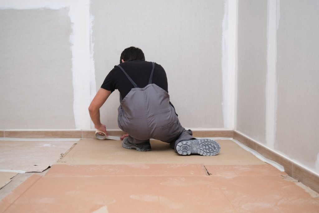 Painter using tape and cardboard to cover the floor before painting the room.